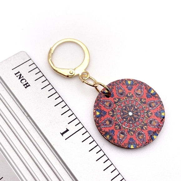 Red Mandela Wooden Boho Dangle Earrings - Picture 5 of 5